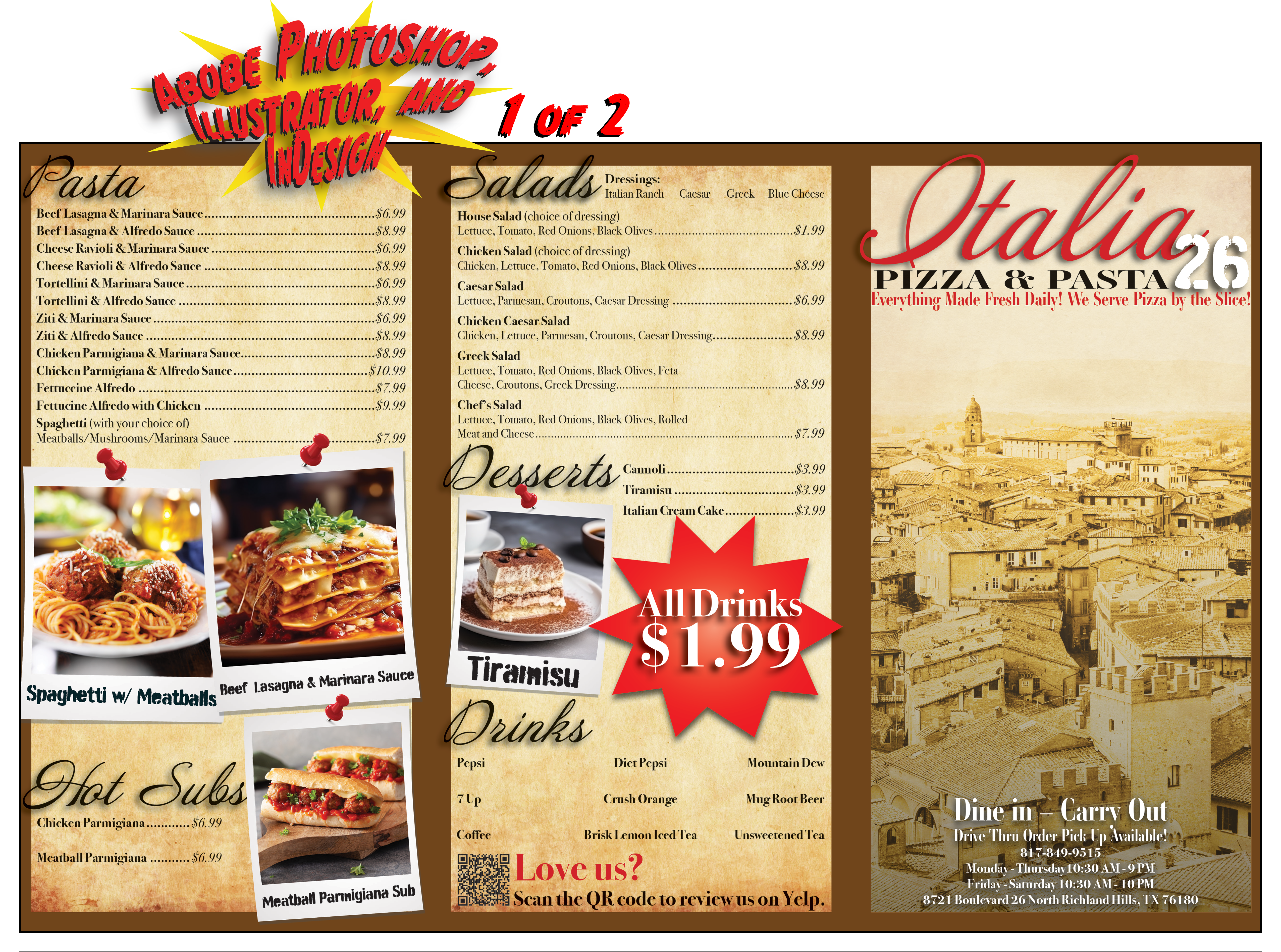 Menu for Italia 26. Part 1 of 2. Created with Adobe Photoshop, Illustrator, and InDesign.
