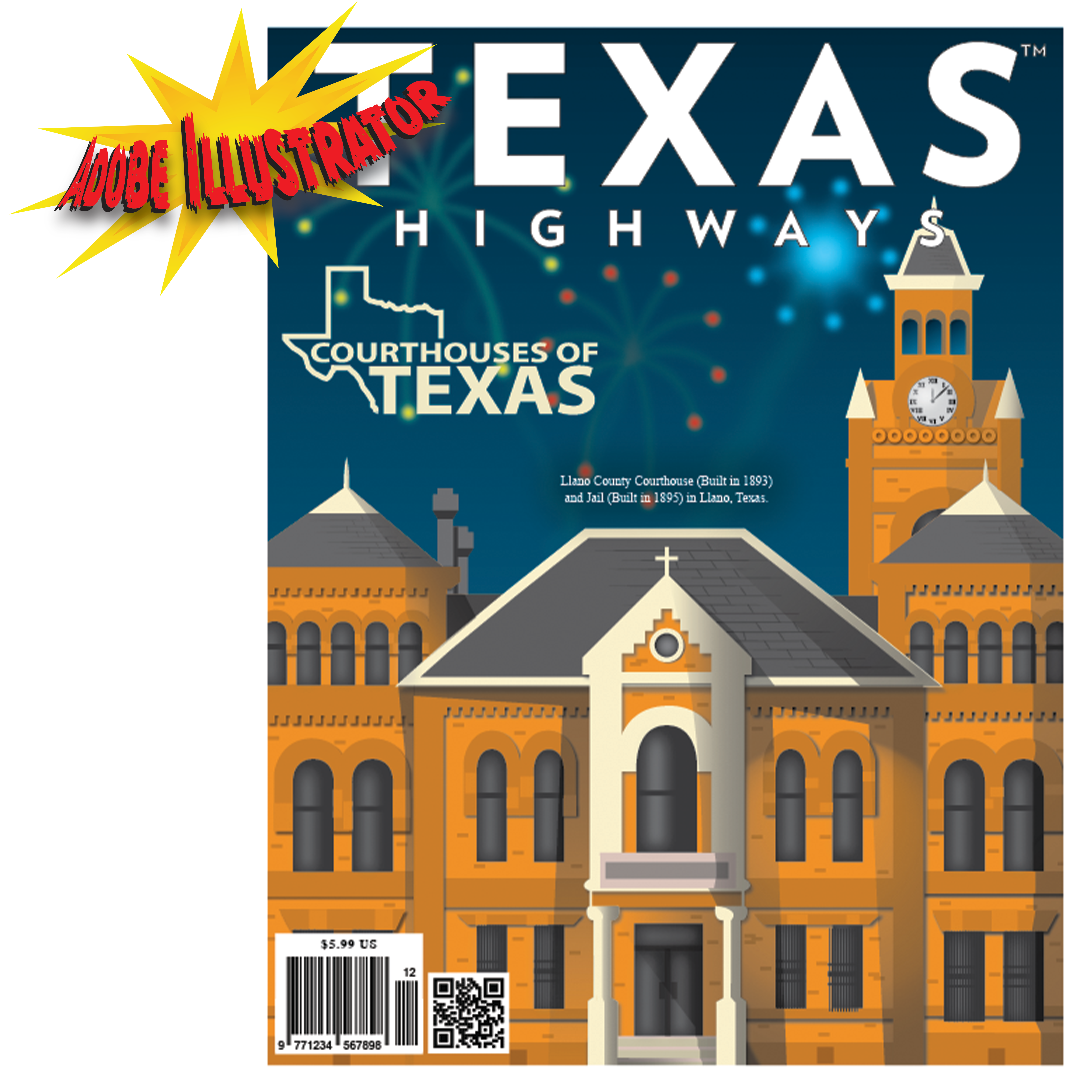 Cover for Texas Highways Courthouses of Texas. Created with Adobe Illustrator.