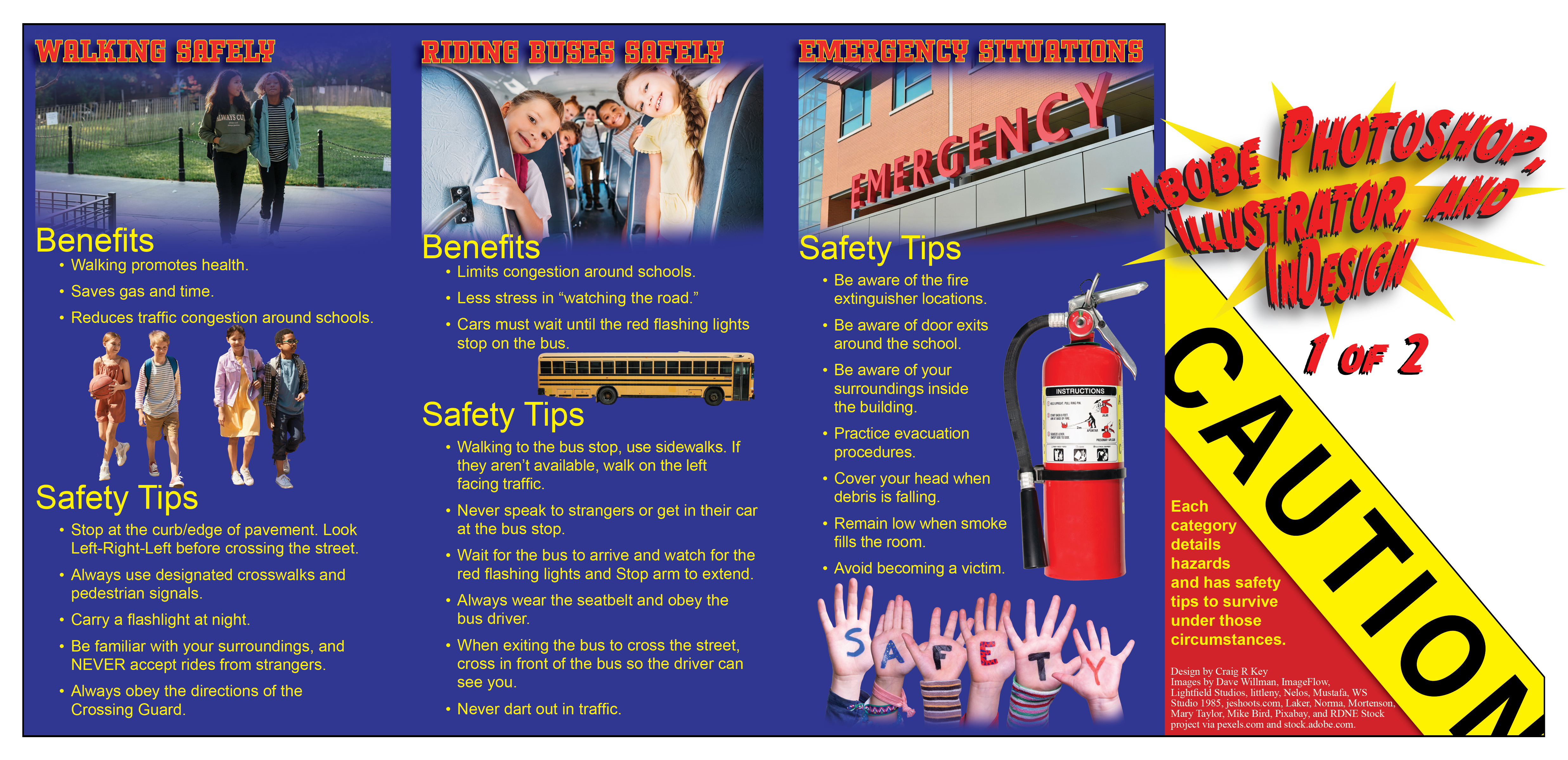 Brochure for Back to School Safety. Part 1 of 2. Created with Adobe Photoshop, Illustrator, and InDesign.