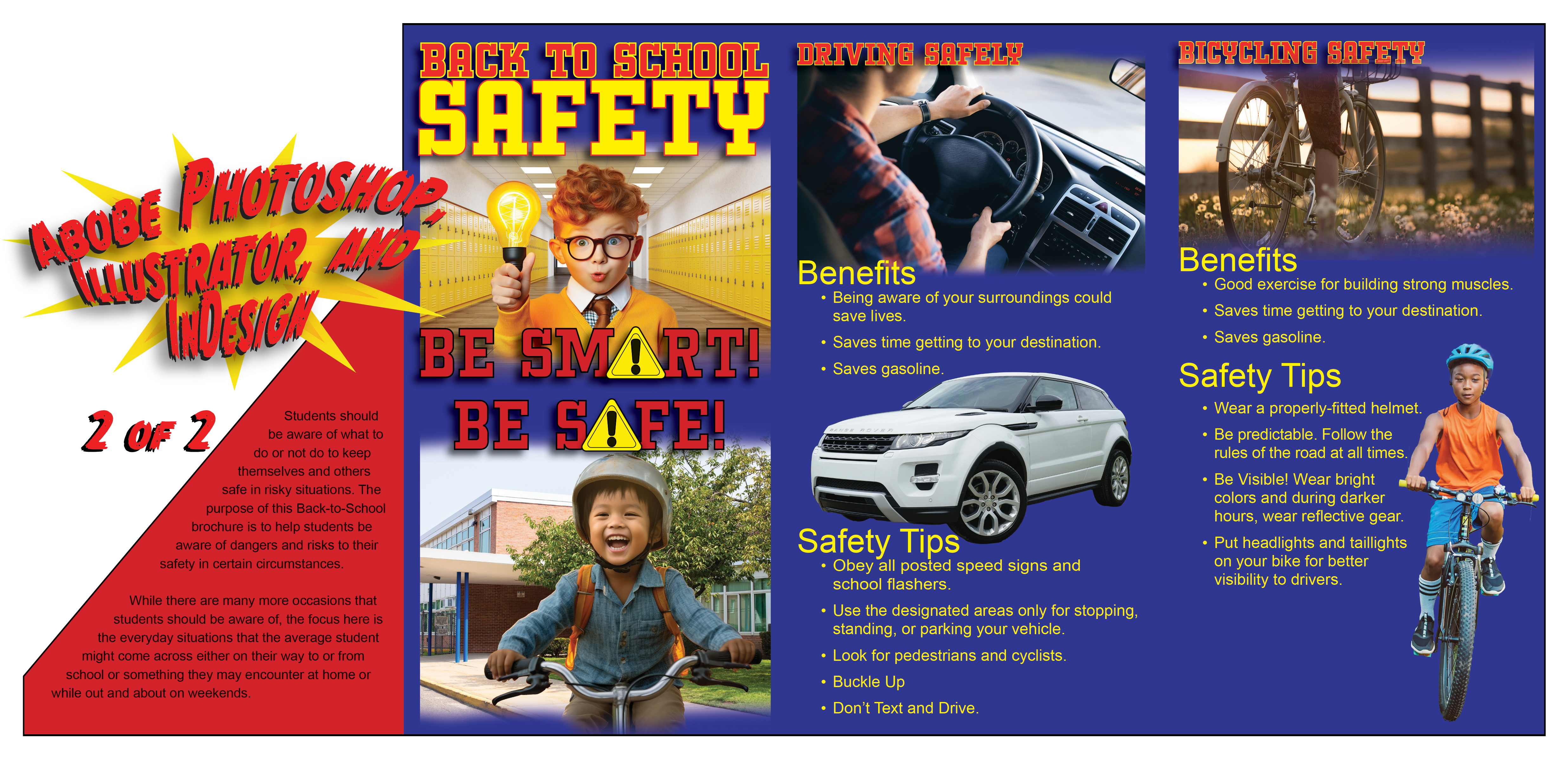 Brochure for Back to School Safety. Part 2 of 2. Created with Adobe Photoshop, Illustrator, and InDesign.