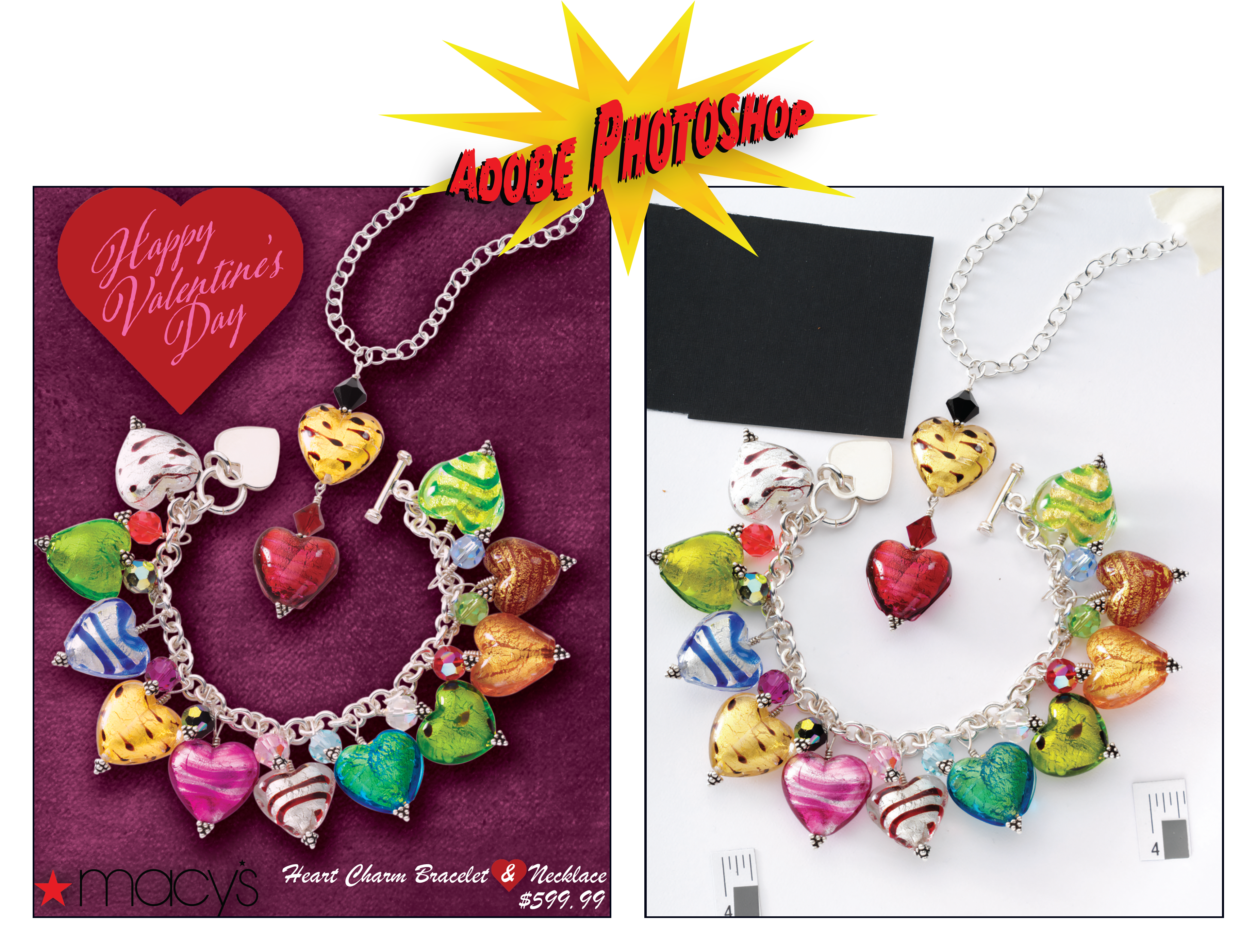Advertisment for Macy's Valentines Day necklace and braclet. Created with Adobe Photoshop.